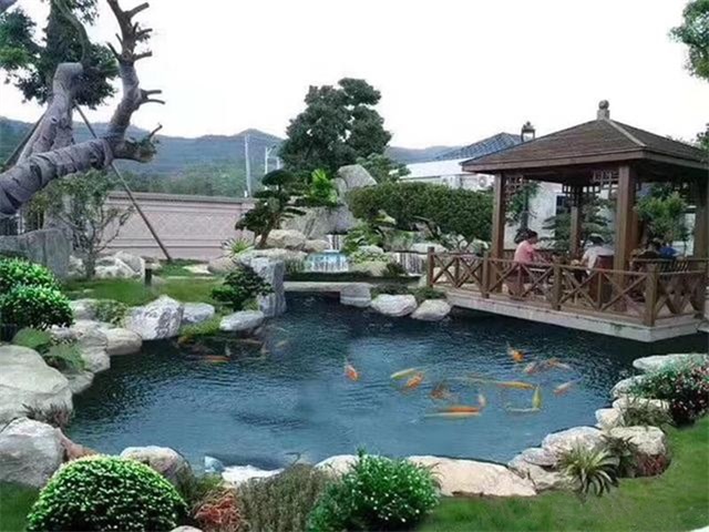禅城别墅庭院水池假山景观全景